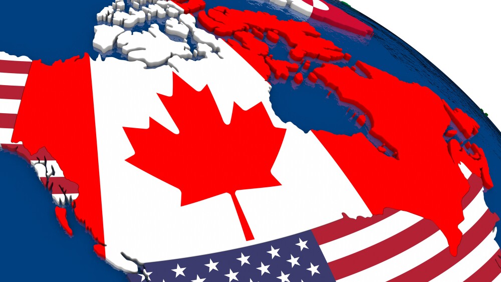 Map of Canada with embedded flags on 3D political map. Accurate official colors of flags. 3D illustration.