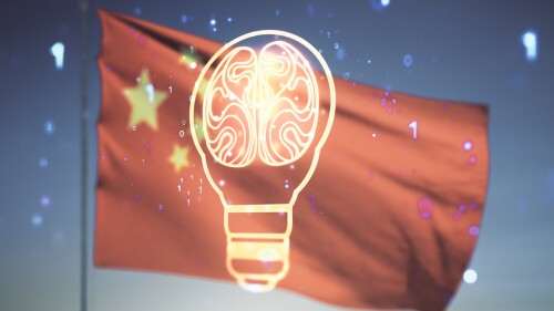 Double exposure of abstract virtual creative light bulb hologram with human brain on Chinese flag and blue sky background, idea and brainstorming concept