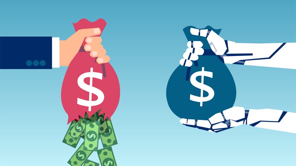 AI and business savings concept. Vector of a robot hand holding sack of money and businessman loosing profit due to inefficient management