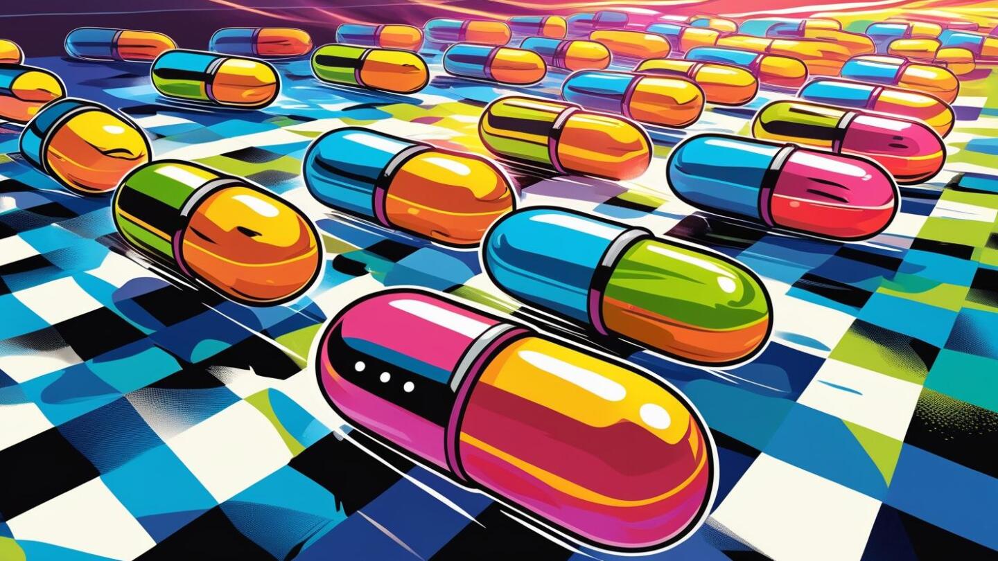 Colorful, cartoon capsules on a race track