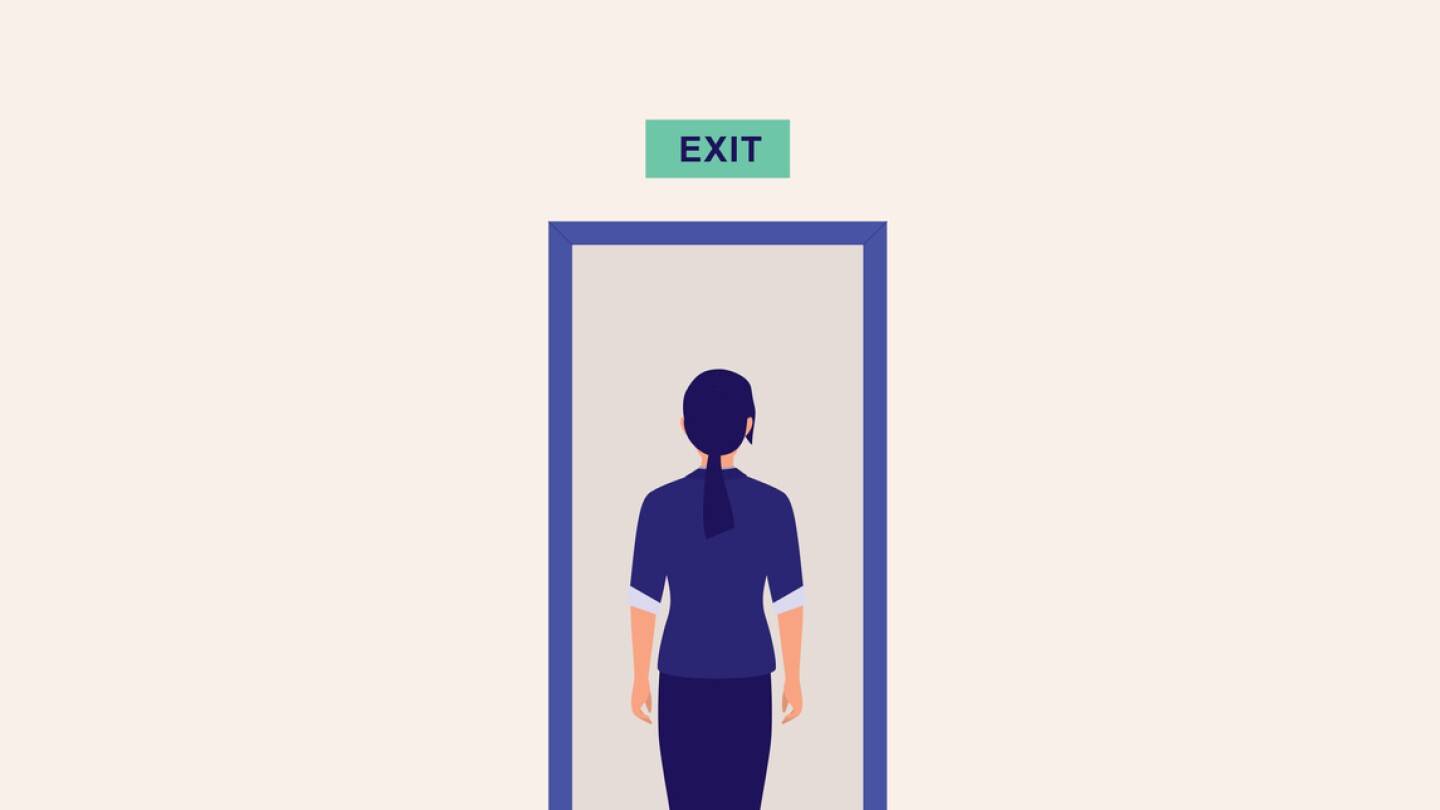 Young Woman Standing In Front Of Exit Door. Full Length, Vector, Illustration, Flat Design, Character.