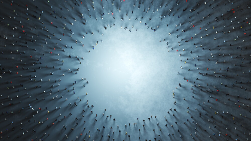 Crowd of diverse people gather around empty circle in the middle. 3D illustration