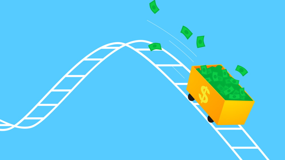 financial bad statistics. Stagflation, economic slow down. Consumer Price Index. cart with money falls down. bad statistics loss of money. financial crisis or bankruptcy. Money loss. Money inflation