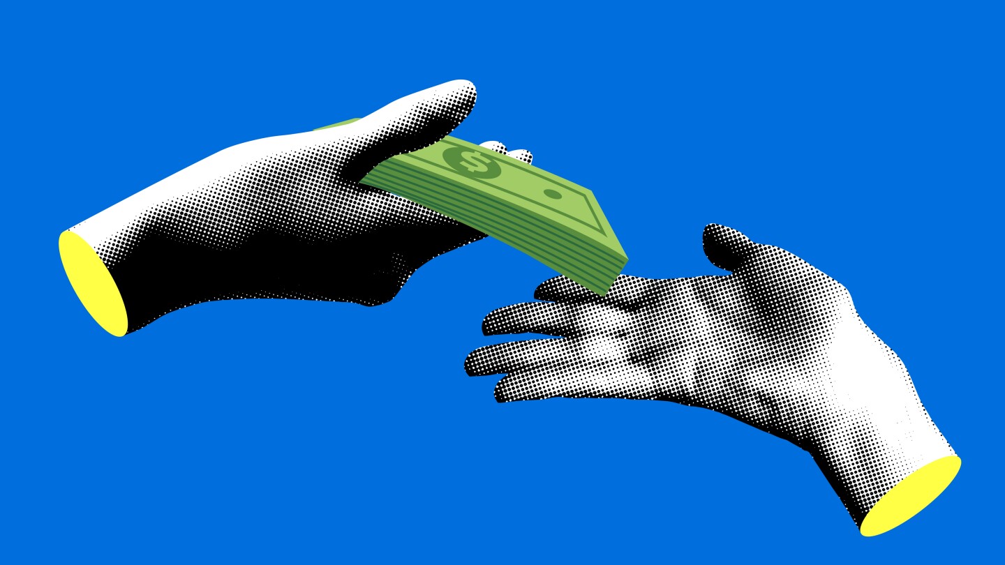 Modern collage with halftone hands give and take money. Financial transaction. Money investments. Cash payment. Pay for something