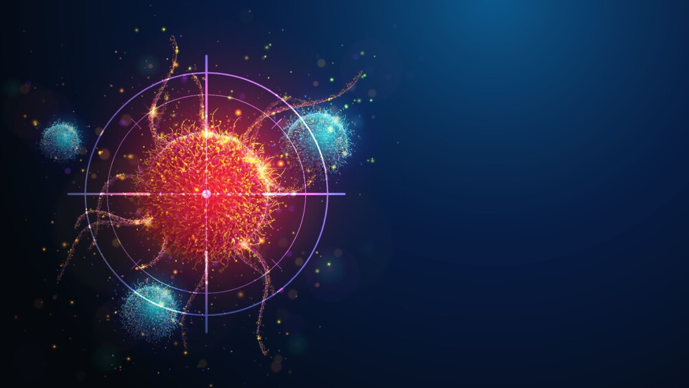 Abstract vertical illustration of targeting cancer cell made of glowing neon particles. Blue geometric background depicting cancer cell screening and disease treatment medical concept. Digital vector illustration