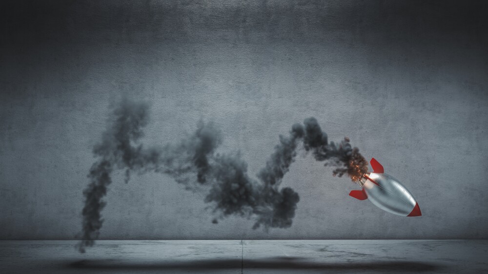 vintage rocket takes flight with uncertain trajectory, concrete background. false start concept. 3d render.