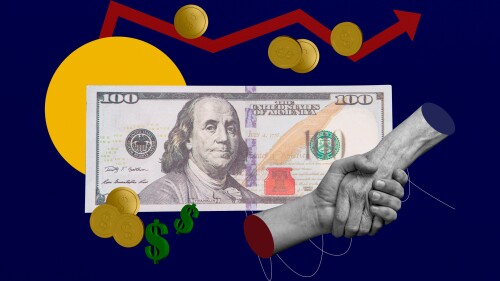 Creative collage picture 3d hands body fragment banknote benjamin franklin hundred dollars deal agreement partnership business stats.