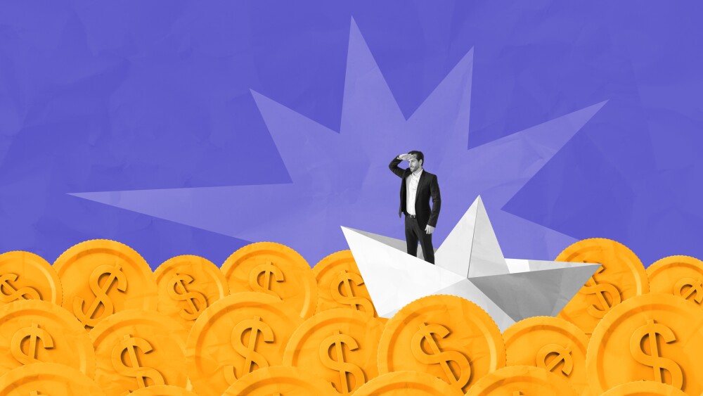 Man in suit on a paper boat sailing through golden coins with dollar signs, paper collage style, on a textured purple background, symbolizing money journey