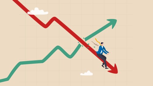 Stagflation, economic slow down or recession while inflation high up, GDP growth decrease causing by unemployment concept, fearful businessman riding fall down economic graph with inflation high up.