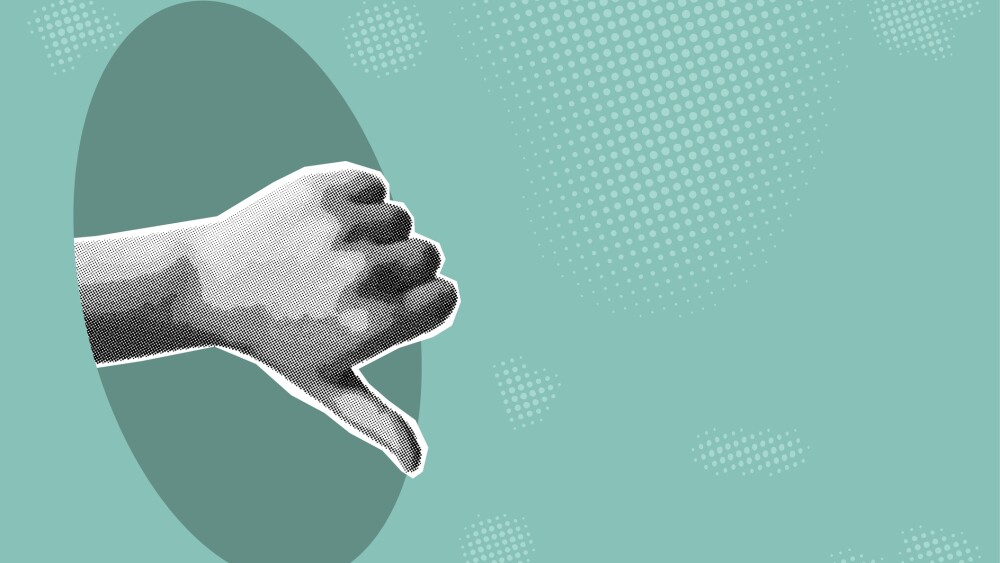 halftone magazine style banner, dislike, negative rating, hand thumbs down