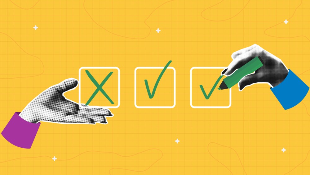 Checklist collage banner with halftone hands. Hand holding marker and putting a check mark or cross in checkbox. Collage design with halftone elements. Concept of check list. Vector illustration.