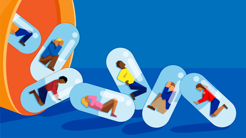 vector illustration of multiracial adults encapsulated and being dropped from a large pill bottle. concept for prescription drug addiction/abuse.
