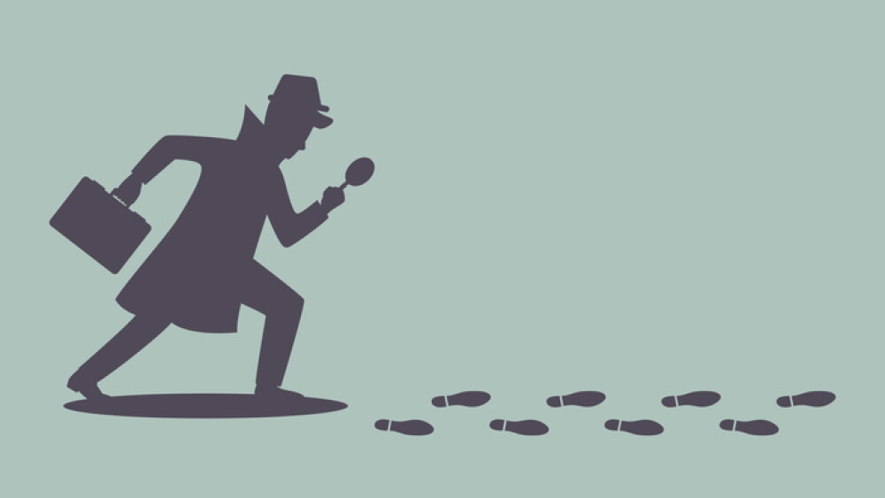 Silhouette of detective investigate is following footprints. Vector illustration