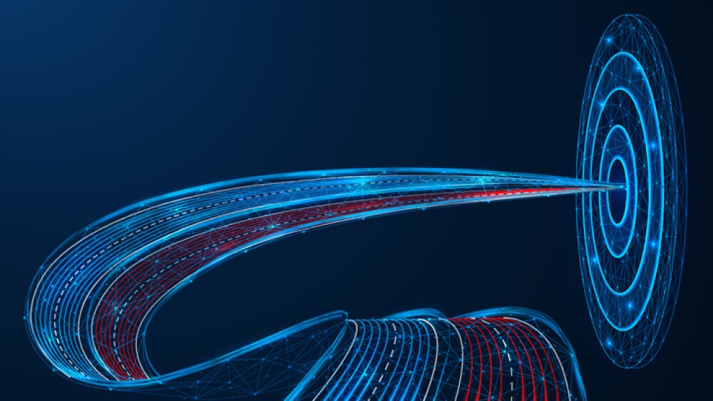 The path to precision. The road to the center of the target. The concept of goal achievement, precision, strategic direction, and focus on results. Polygonal design, blue background.