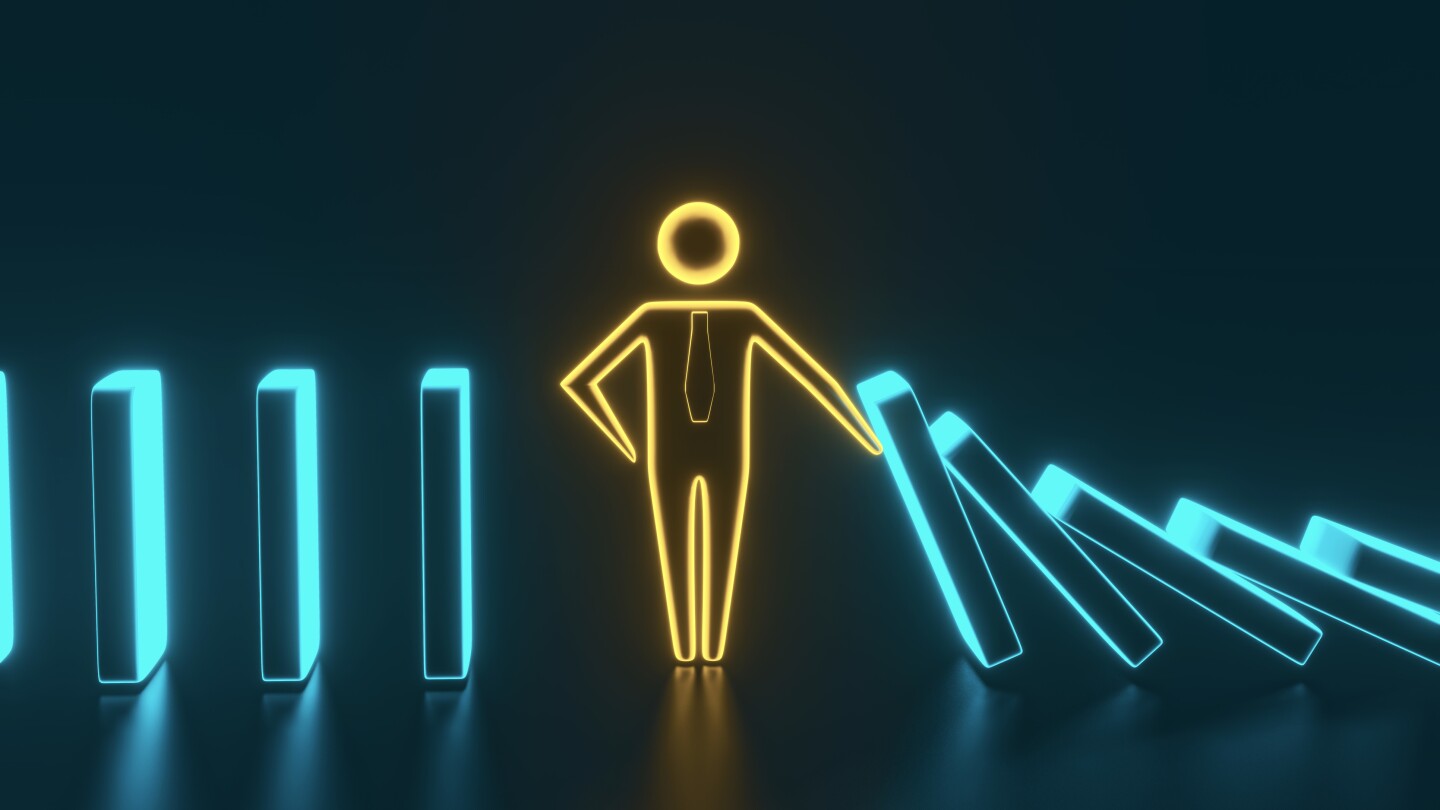 Man figure stopping the domino effect. Executive and risk control concept. 3D rendering
