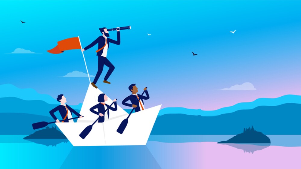Team of businesspeople in paper ship finding the way forward. Manager and team leader concept, vector illustration.