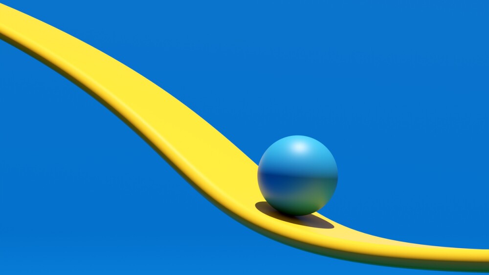Balance, equilibrium, stability and movement concepts. Blue sphere is rolling on a yellow curved path over a blue background, creating a minimalist and abstract composition. 3d render.
