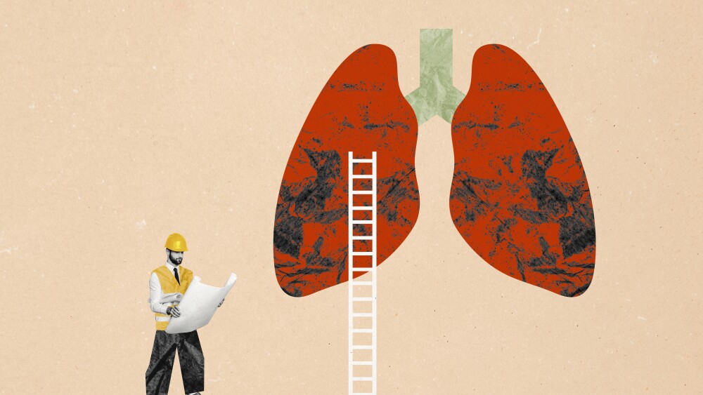 Creative collage image young man builder architect engineer occupation lungs healthcare illness disease drawing background.