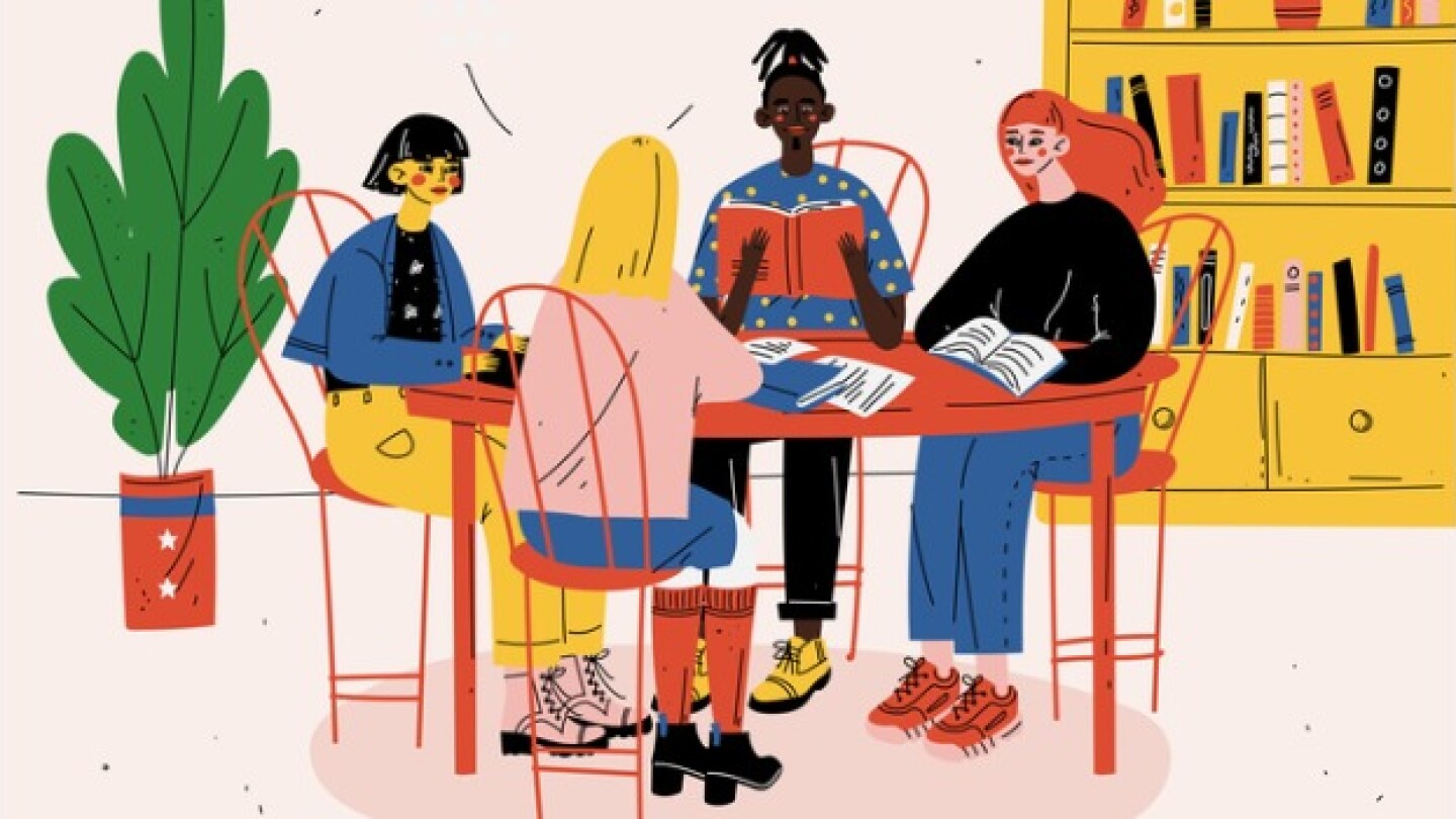 Pictured: Illustration of students sitting at a ta