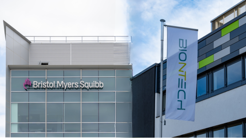 Photos of a Bristol Myers Squibb building and a BioNTech flag