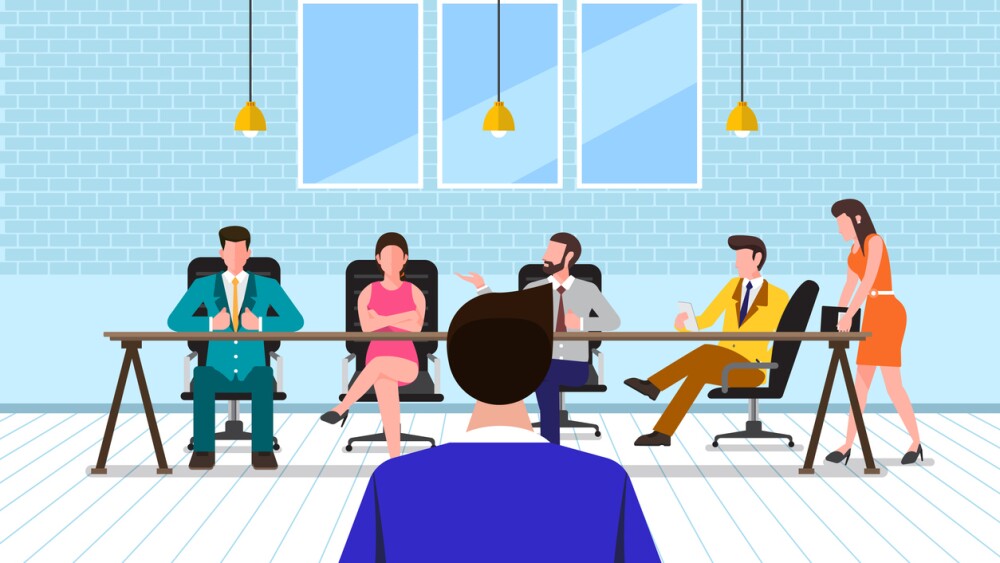 Illustration of panel interview showing group of employees at table interviewing job candidate