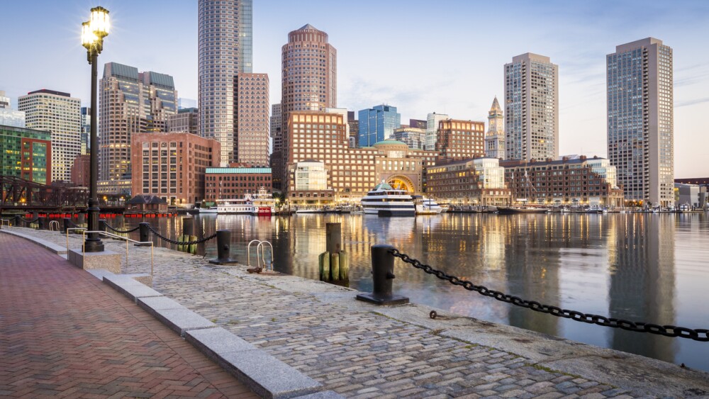 Photo of Boston, Massachusetts, at the Boston Harbor and Financial District with a mix of contemporary and historic architecture.