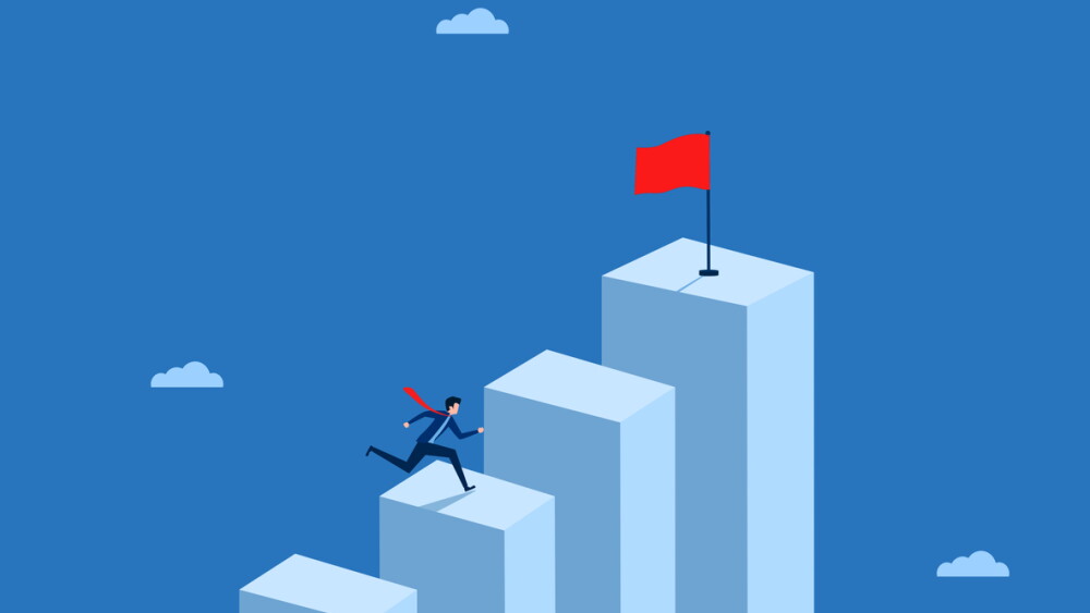 Committed to success, Businessman running up the graph to the red flag