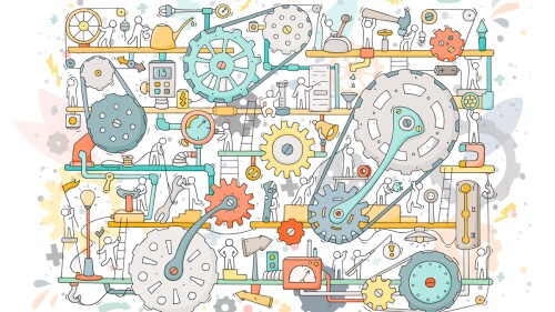 Sketch of people teamwork, gears, production. Doodle cartoon mechanism with machinery and cogwheels. Hand drawn vector illustration for business and industry design isolated on white.