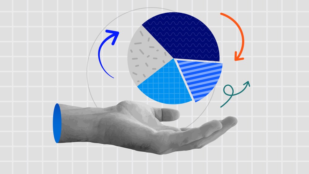 Retro collage hand holding pie chart diagram. Business data and market share concept. Modern retro grunge. Vector illustration