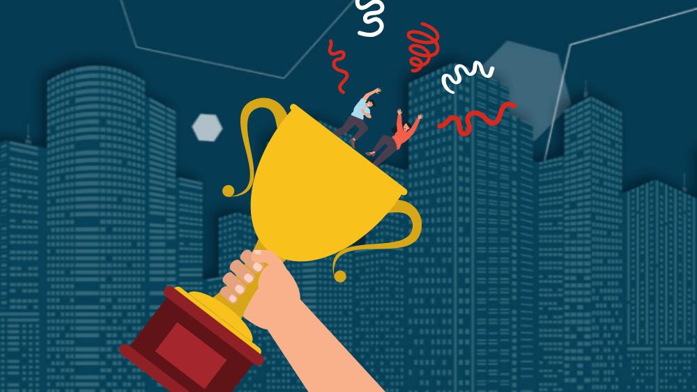 Illustration of hand holding trophy with people coming out of trophy and celebrating