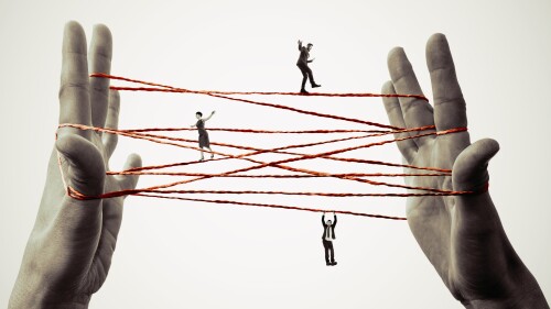 People balance on tightly stretched ropes. Art collage.