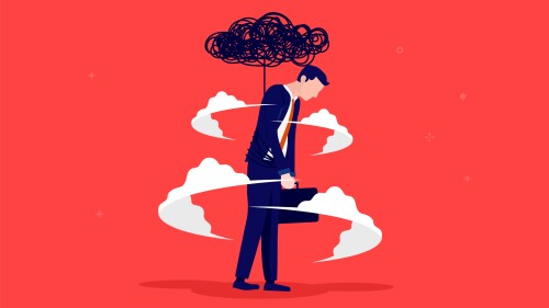 Office worker man feeling depressed and tired from overwork and pressure at workplace. Flat design vector illustration with red background