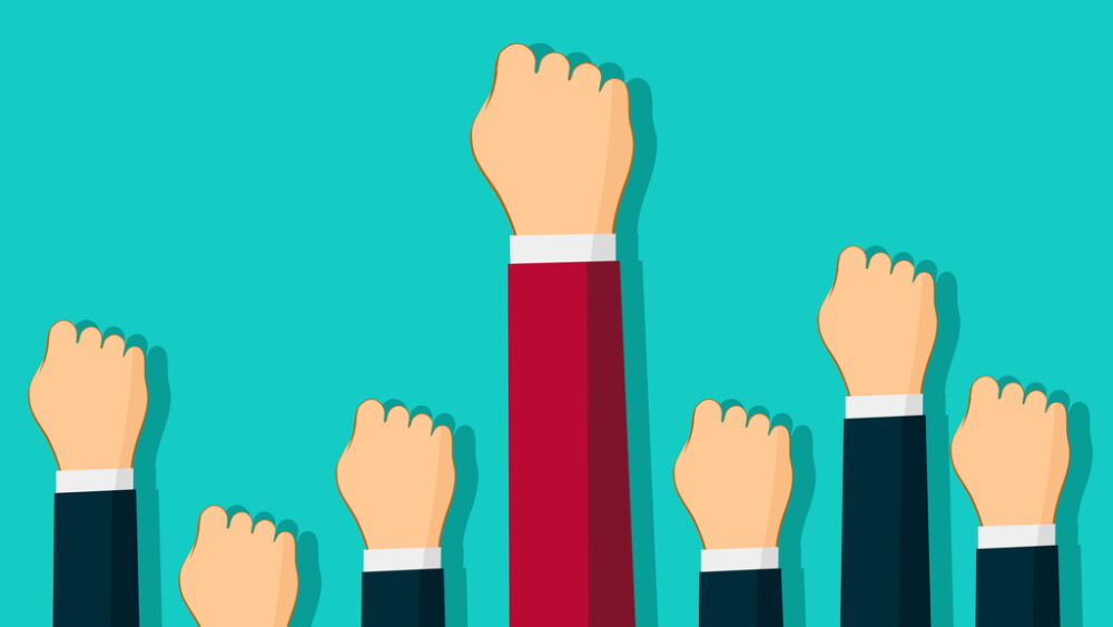 People raise their hands. Leadership fights. The concept of fighting for rights. Revolution or protest. vector