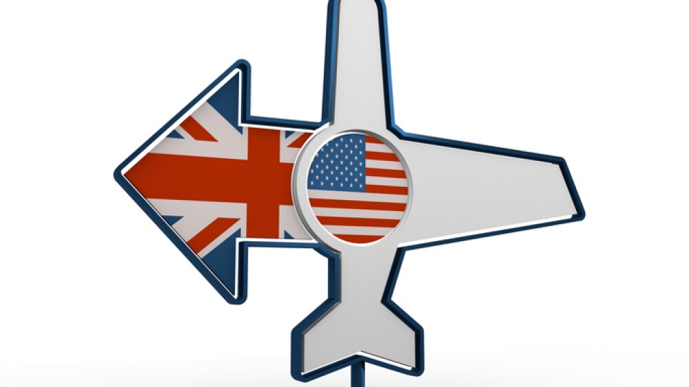 Emblem design for airlines, airplane tickets, travel agencies. Airplane icon and destination arrow. Flags of the USA and Great Britain. 3D rendering