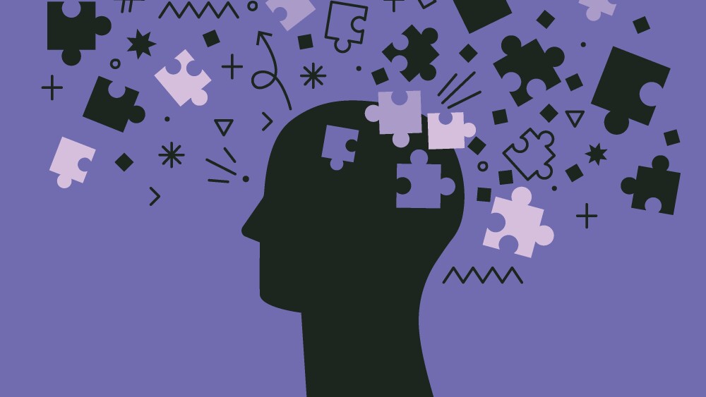 Human head with puzzle pieces and doodles vector illustration. Human brain lacking a piece of puzzle. Concept of brain function, memory loss, disorder, dementia. Abstract human head profile