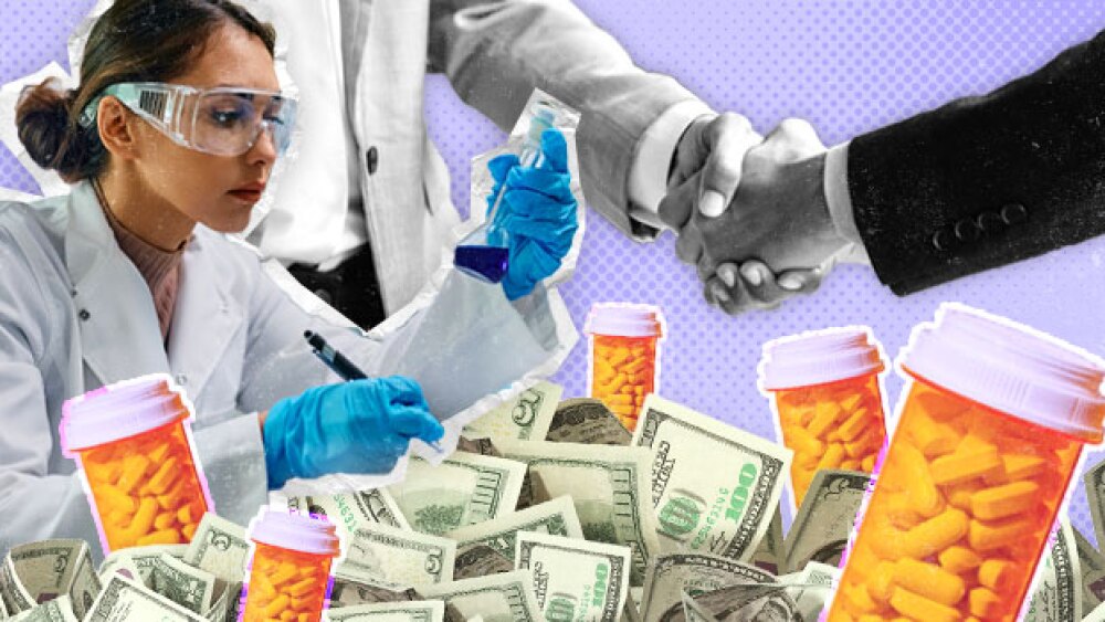 Biopharma collage of scientist, deals, and pills