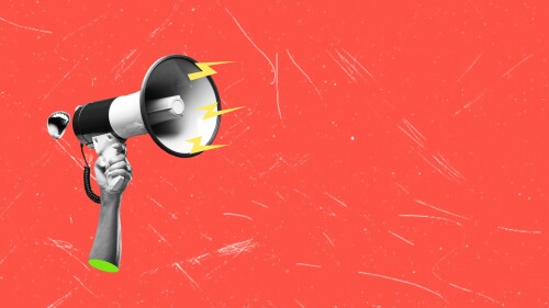 Contemporary art collage. Human hand holding megaphones and spreading fake news. Concept of information, creativity, social issues, rumors. Copy space for ad