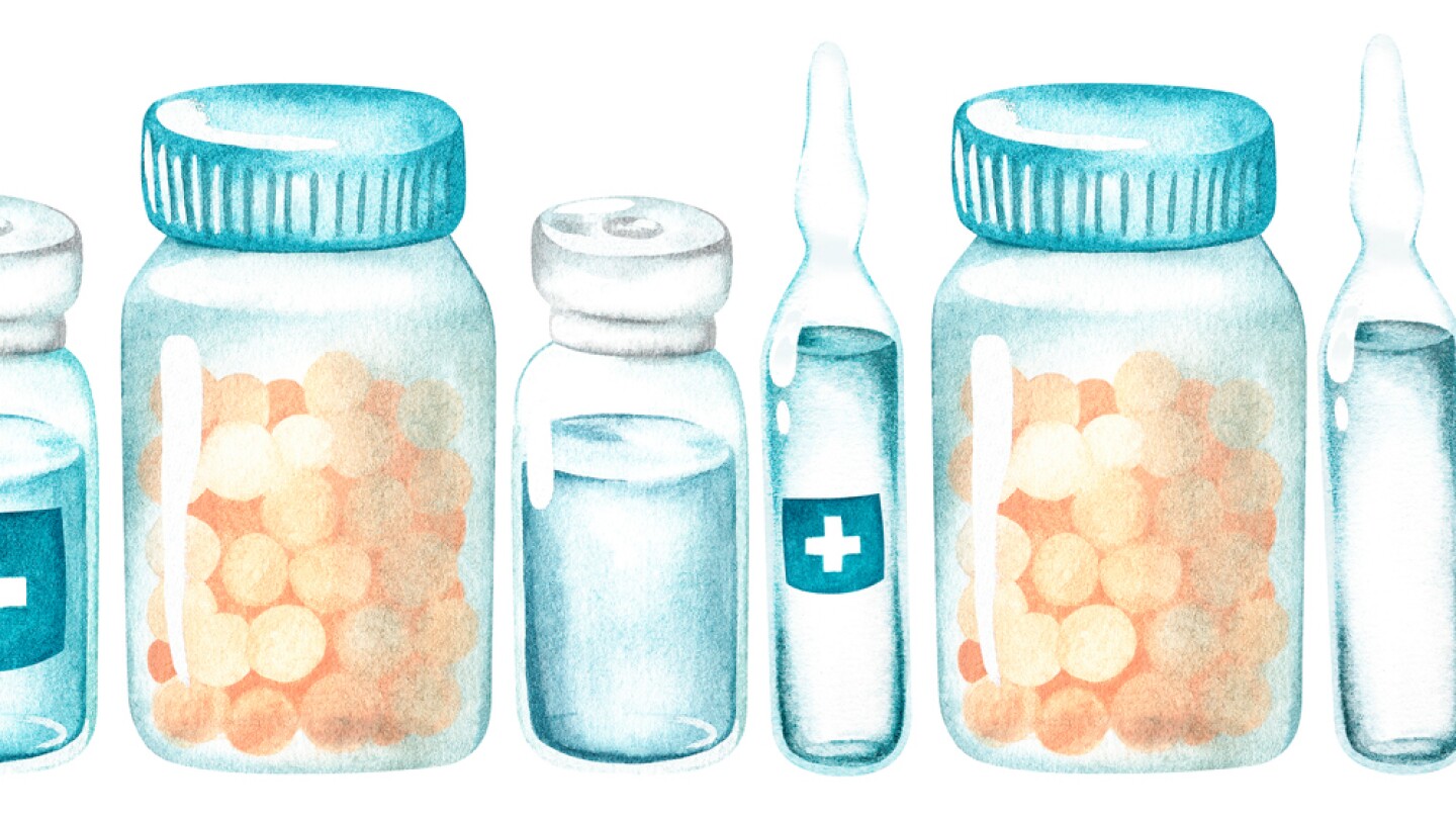 Medicine seamless border. A bottle of vitamins, ointment, liquid for injection. Watercolor illustration. Isolated on a white background. For design of pharmacy products, educational medical materials.
