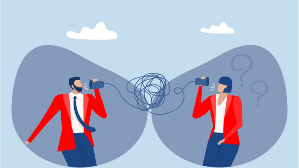 businesspeople talking through messy chaos, tangled phone line make other confused miscommunicate unclear message and informationBad communication concept vector