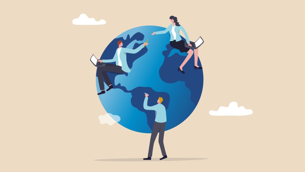 Illustration showing people sitting around world map on globe working with online computer