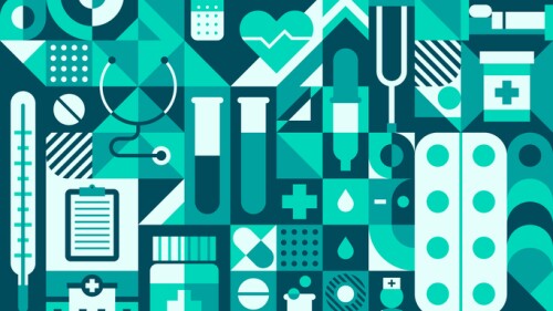Medicine or pharmacy abstract geometric pattern. Corporate identity geometrical shape background or medicine presentation retro vector pattern with thermometer, stethoscope, lab flask and pills