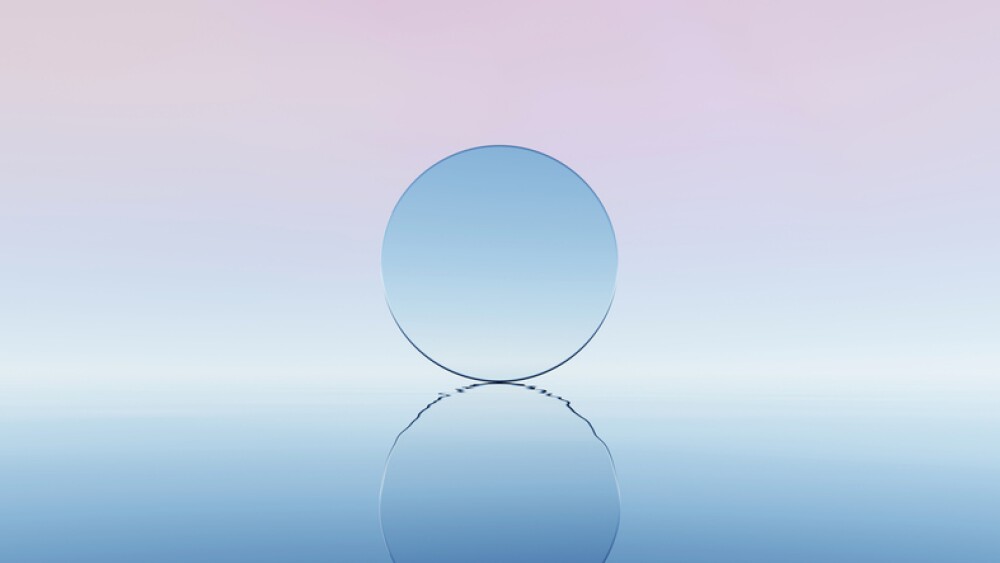 3D render, Futuristic surreal floating circle mirror that reflected on calm pastel sea horizon background