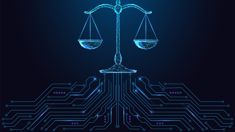 AI ethics, Legal technology and digital justice concept with glowing polygonal balance scale connected to circuit board on dark blue background. Futuristic low poly style, abstract vector illustration