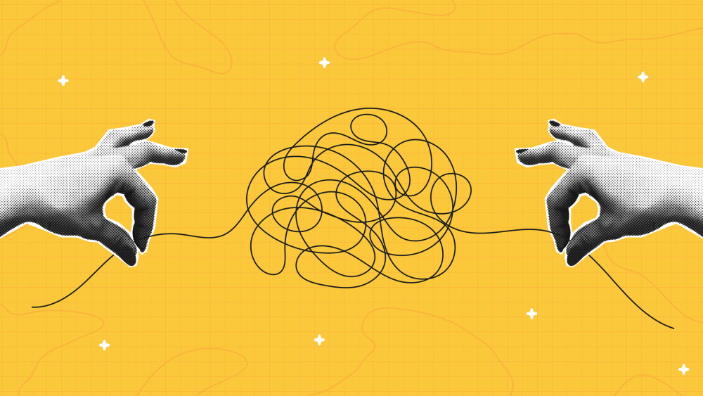 Halftone collage of two hands that untangles tangled ball or messy line. Concept of solving mental problems or simplification of a complex process in business. Vector illustration.
