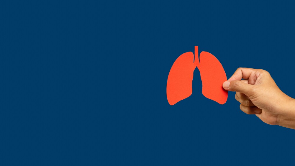 Hand holding a lung shape symbol against a blue background. World tuberculosis day, world no tobacco day, lung cancer, pulmonary hypertension, pneumonia