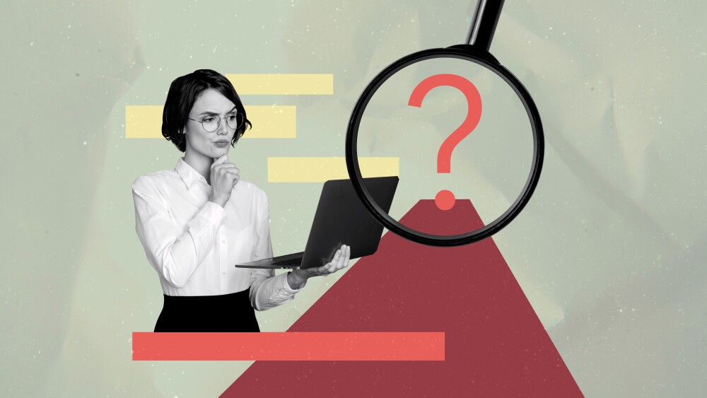 Exclusive magazine sketch collage image of happy businesswoman businessman stand question mark strategy ceo magnifier search job.