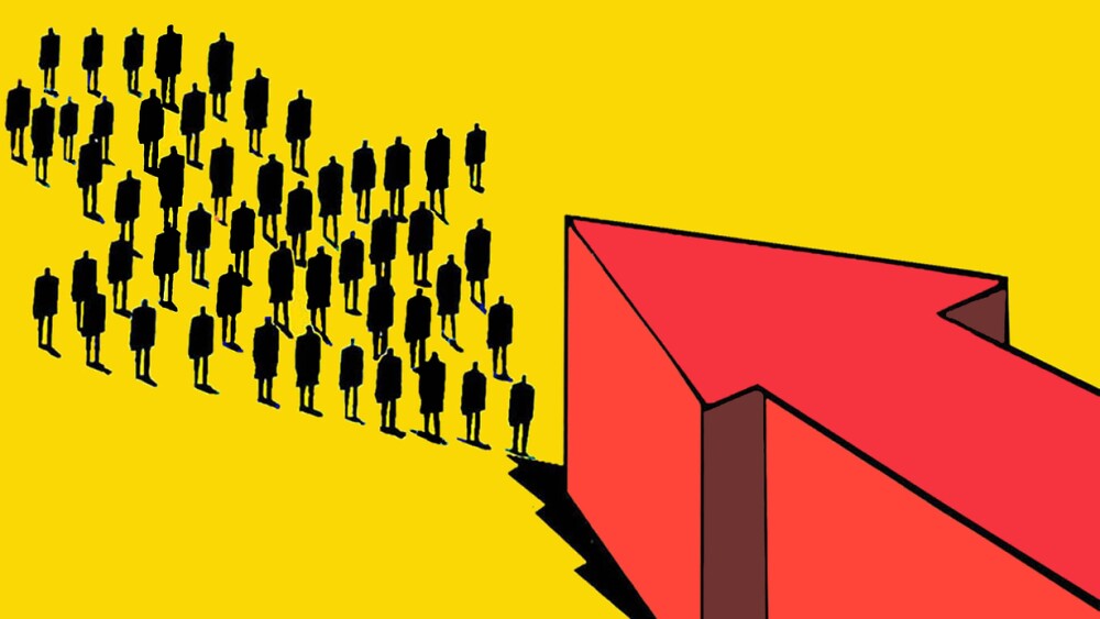 Illustration showing people forming an arrow versus large arrow