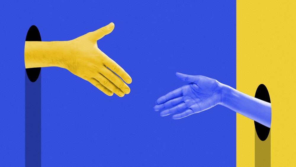 Poster. Contemporary art collage. Blue and yellow hands peeking out of black holes in space to make a deal. Abstract vibrant artwork. Concept of pop art, positive emotions. Minimal art design.