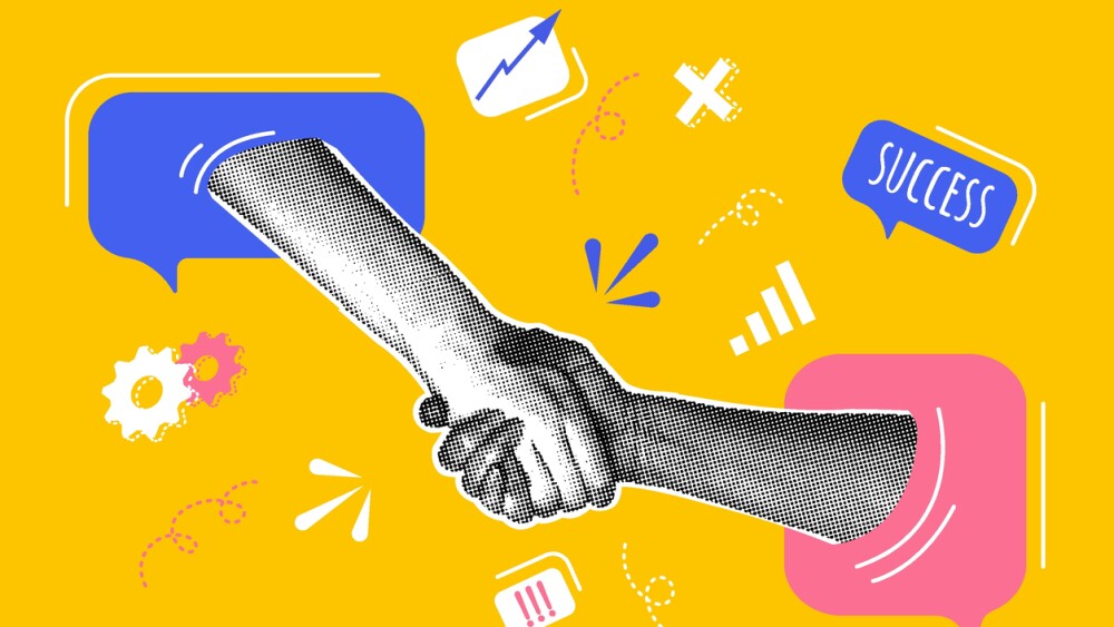 Collage showing shaking hands and icons including a word bubble with “success” in it
