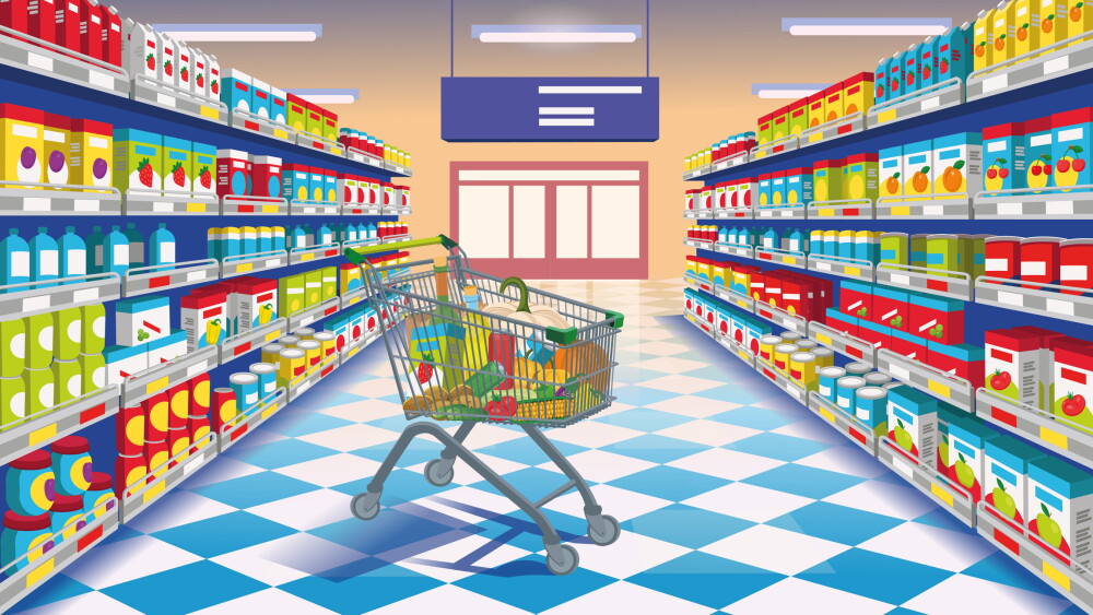 Perspective view of supermarket aisle. Supermarket with colorful shelves of merchandise and front door and supermarket food cart. Cartoon vector illustration